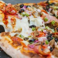 Veggie Pizza  · The champs method of getting veggies. Green peppers, mushrooms, tomatoes, red onions, and bl...