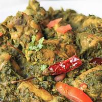 Chicken Palak (Spinach) · Chicken cooked with mildly spiced fresh spinach and aromatic herbs.