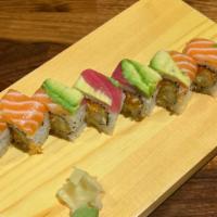 Rainbow Roll · In: shrimp tempura, crunchy, fish eggs with spicy mayo /top: salmon, tuna, avocado.