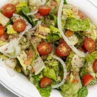 House Salad · Romaine lettuce, tomato, cucumber, lemon juice and olive oil.