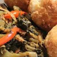 Callaloo & Saltfish · -Jamaican spinach with salt cod sautéed with onions, scotch bonnet peppers, tomatoes and spi...