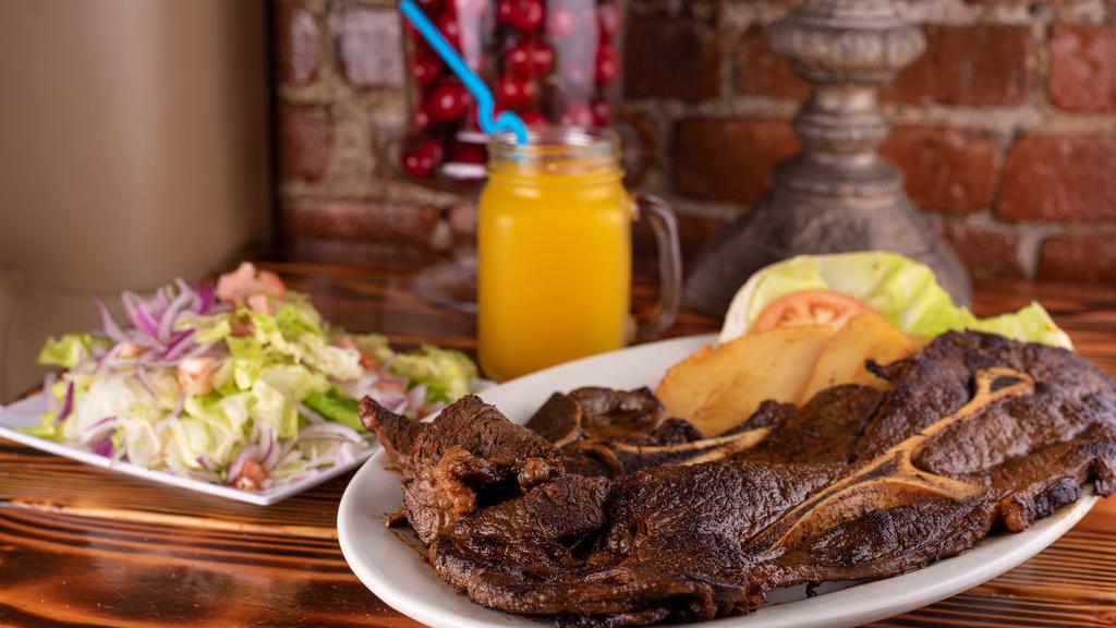 Churrasco (Chuck Steak) · Tender chuck steak marinated in our special parrilla sauce and cooked on the grill with your choice of two sides.