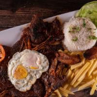 Churrasco A Lo Pobre (Chuck Steak) · Tender grilled chuck steak accompanied with French fries, two sunny side eggs, sweet plantai...