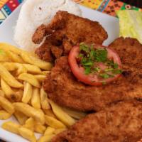 Milanesa De Pollo · Breaded chicken fried to crispy perfection with white rice and French fries.
