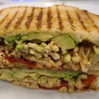 Chicken · Grilled chicken, pepper jack cheese, avocado, roasted red pepper, Chipotle mayo on sourdough.