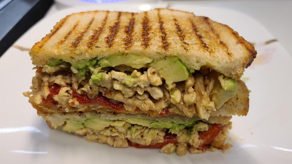 Chicken · Grilled chicken, pepper jack cheese, avocado, roasted red pepper, Chipotle mayo on sourdough.