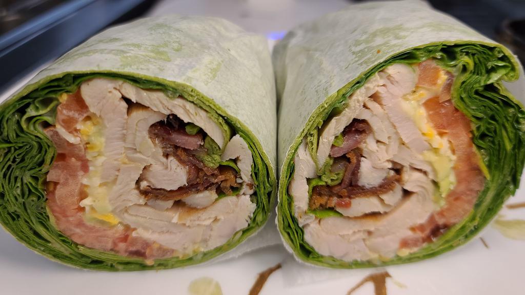 Deluxe Turkey Wrap · Roasted turkey, spinach, tomato, bacon, avocado, cheddar cheese with honey mustard in a wrap.