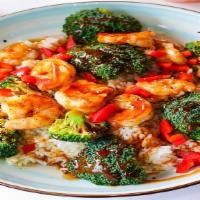 Shrimp Bowl · Plumb grilled shrimp, served on a bed of rice with broccoli, red peppers, our homemade bourb...