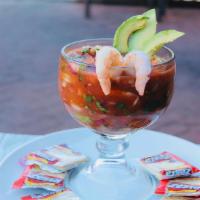 Shrimp Cocktail · A cold mexican-style cocktail made with fresh shrimp, avocado, onions, and our own seafood t...