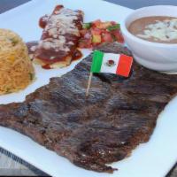 Lunch Steak Tampiqueno · Seven ounce charbroiled skirt steak. Served with rice and one enchilada of your choice: chic...