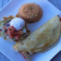 Lunch Crabmeat Quesadilla · Crabmeat quesadilla cheese quesadilla filled with imitation crabmeat. Served with rice, lett...