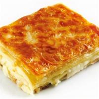 6 Layer Cheese Pie · Thinly stretched dough boiled first, then layered with mozzarella, Parmesan, and kasseri  ch...