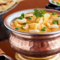 Kaju Matar Paneer · Cubes of cottage cheese and peas in a rich cashew sauce with toasted fennel, fenugreek and c...