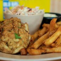 Maryland Style Crab Cakes · Broiled, lump crab with our special seasonings, with coleslaw and Bay fries. Served with you...