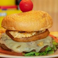 Crunchy Crab Dip Burger · Our 8 oz. burger patty with lettuce and tomato topped with our crab dip, pepper jack cheese ...