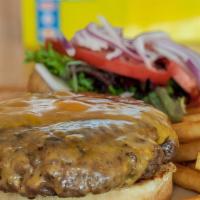 12 Oz Bay-Sized Burger · Our steak burger patty with lettuce, tomato, and crispy onions topped with cheese on a brioc...