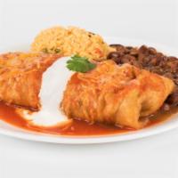 Chimichanga · chicken,pico de gallo,cheese, served with rice and beans
