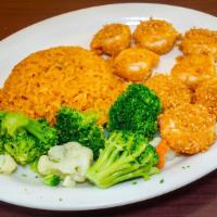 Camarones Empanizados · 8 shrimp hand breaded in spicy cornmeal or garlic. Served with rice and vegetables.