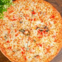Margherita Pizza · Mozzarella, olive oil, fresh basil, roma tomato, and special seasoning.