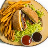 Habibi Burger · 100% Halal 1/2 lb of beef top sirloin mixed with a lamb burger patty, romaine lettuce, grill...