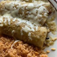 Enchiladas Verdes · Two chicken enchiladas topped with cheese and green sauce. Served with Spanish rice and frie...