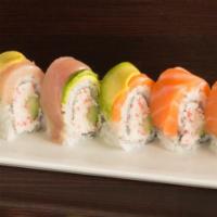 Rainbow · Raw fish. In: crab surimi, cucumber. Top: Tuna, salmon, yellowtail and avocado.