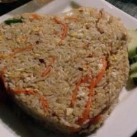F-5 Combination Fried Rice · Chicken, beef, and shrimps stir-fried with rice, egg, carrots and onions, garnished with tom...