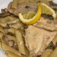 Chicken Limone · Sauteed cremini mushrooms and capers in a light creamy lemon butter sauce, over penne pasta.