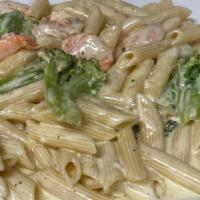 Shrimp & Broccoli · Shrimp sauteed with garlic, broccoli florets and tossed with penne pasta in our homemade alf...