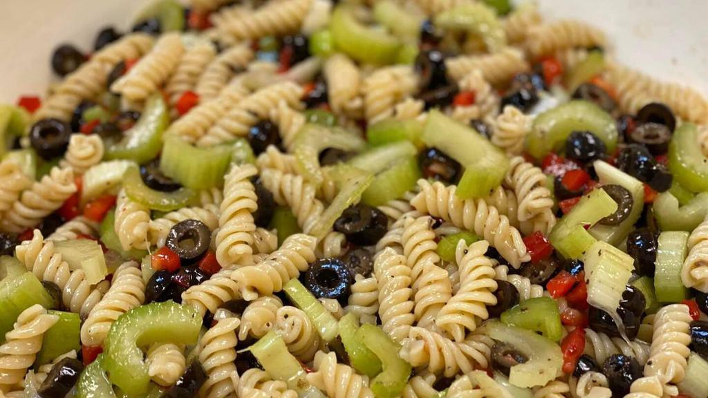 Pasta Salad · Fusilli pasta, celery, black olives, red peppers, and feta cheese tossed in Italian dressing.