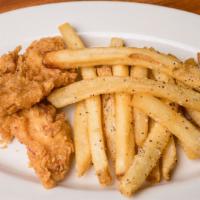 Kids Chicken Tenders · Hand battered fresh chicken tenders served with seasoned French fries.