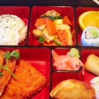 Chicken Katsu Bento · Come with gyoza, California roll, vegetable tempura, steamed rice.