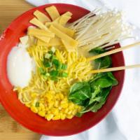 Miso Ramen · Miso corn broth, crispy shallots, corn, bamboo shoots, enoki mushroom, scallion and poached ...