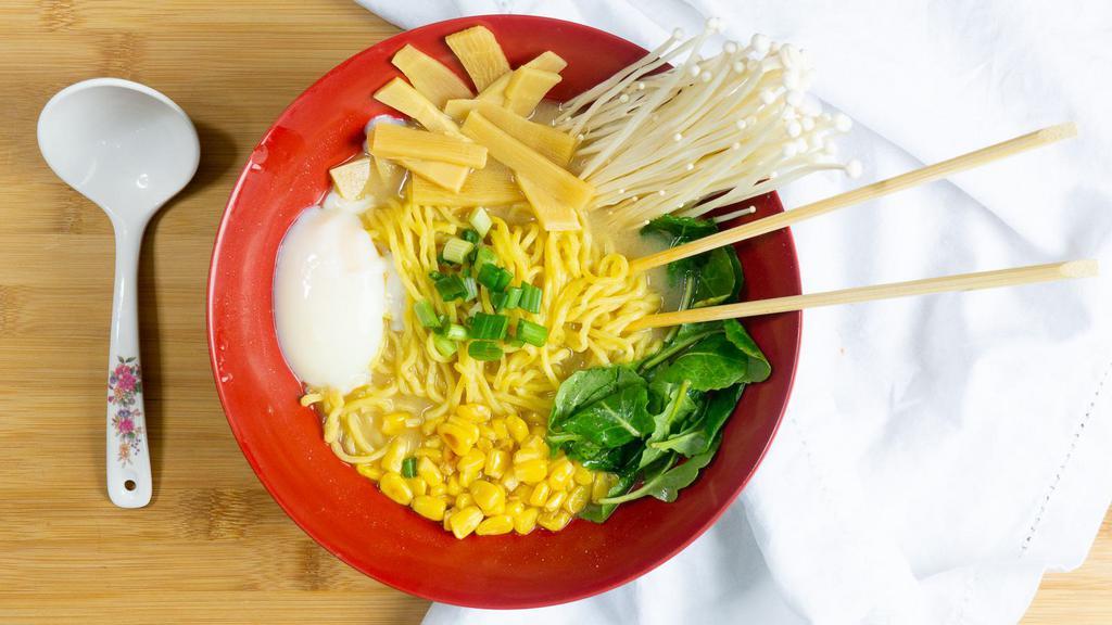 Miso Ramen · Miso corn broth, crispy shallots, corn, bamboo shoots, enoki mushroom, scallion and poached egg.