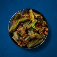 Okra Fry · Diced fresh okra, sauteed in a curry base made of onions, tomatoes, fresh herbs, and spices....