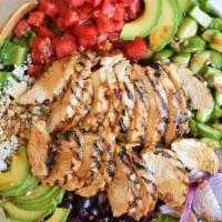 Grilled Chicken Salad · Grilled chicken with lettuce, tomato, carrots, green pepper, black olives, cheddar cheese & ...