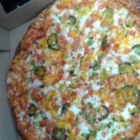 Southwest Chicken · Grilled chicken, fresh tomatoes, bell peppers, onions, jalapenos, & cheddar cheese. Tangy!