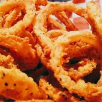 Onion Rings · Fresh cut onions (thin), battered and fried to a golden perfection. Served with spicy boom b...