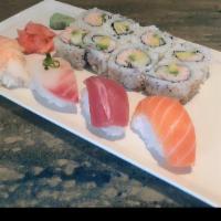 Sushi Regular A · Tuna, salmon, white fish, cooked shrimp, and California roll.