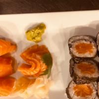 Salmon Lover · Salmon roll, three pcs salmon sashimi, three pcs salmon nigiri.