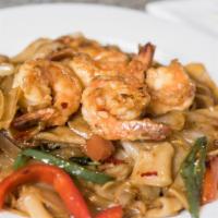 Drunken Noodle · Hot & spicy level two. Wide rice noodle stir-fried with chili pepper, bell pepper, tomatoes,...