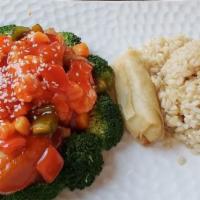 Sweet & Sour Soy Protein · Vegan. Lightly battered fried soy protein, broccoli, cauliflower, pineapple and peppers in s...