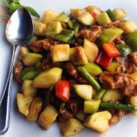 Mango Soy Protein · Vegan. Sliced soy protein with mango, zucchini, asparagus, and peppers in mango sauce.