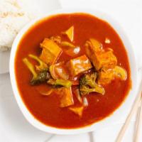 Red Curry · Red curry with Seasonal vegetables, coconut milk and comes with Choice of rice, bread or noo...