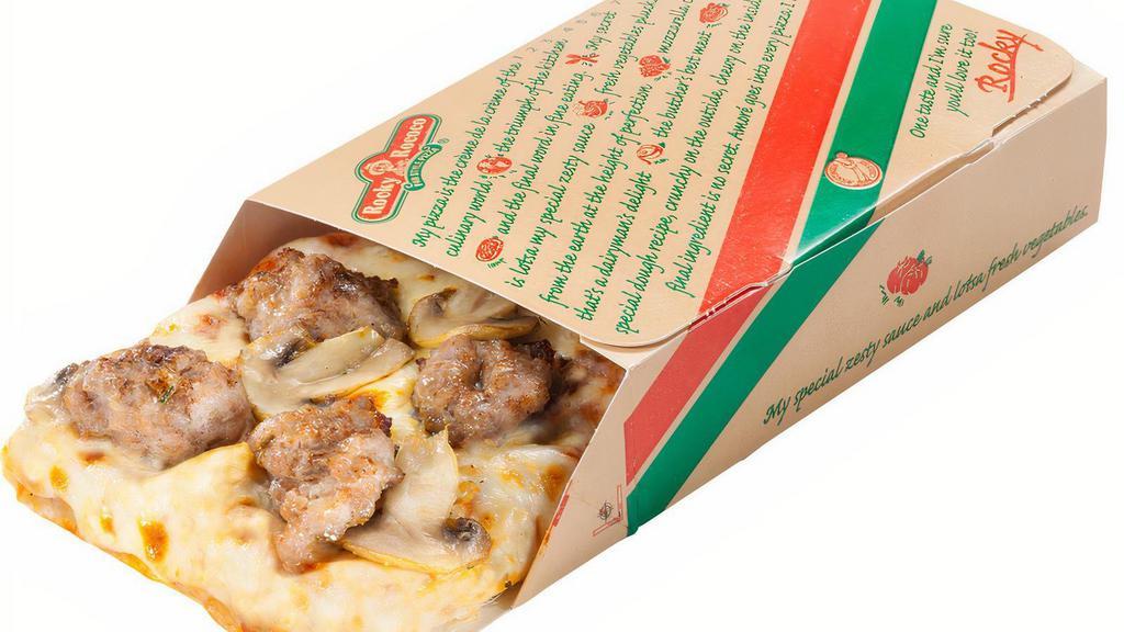 Sausage And Mushroom Regular Slice · 1/2 lb. regular slice of our famous pan-style pizza. Includes zesty pizza sauce, Wisconsin mozzarella cheese, the freshest mushrooms and hand-pattied Italian sausage. 530 cal.