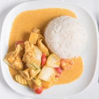 Yellow Curry · Hot, gluten free. Your choice of meat with pineapple, bell peppers, zucchini, onion, and plu...