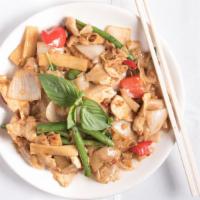 Pad Kee Mao (Drunken Noodle) · Hot. Wide flat rice noodle stir-fried with your choice of meat, onions, peppers, bamboo shoo...