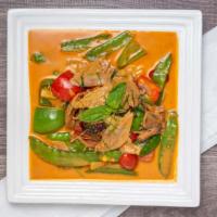 1 Duck Curry* · Roasted duck with green pepper, pineapple, sweet pea, snow pea, sweet basil, cherry tomato, ...