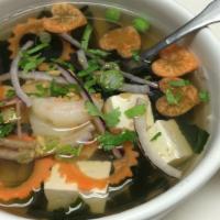 5 Seaweed Soup · Seaweed with shrimp, soft tofu, red onion, carrot, sweet pea, corn, and scallion.