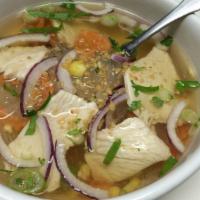 4 Woon - Sen Soup · Bean thread with chicken, red onion, carrot, sweet pea, corn, and scallion.